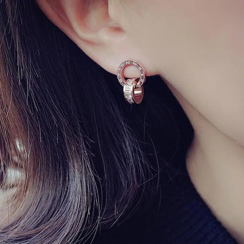 Top Brand Hight Quality Titanium Steel Double Wound Roman Numerals Crystal Stud Earrings For Women Gift Jewelry Top Brand Hight Quality Titanium Steel Double Wound Roman Numerals Crystal Stud Earrings For Women Gift Jewelry